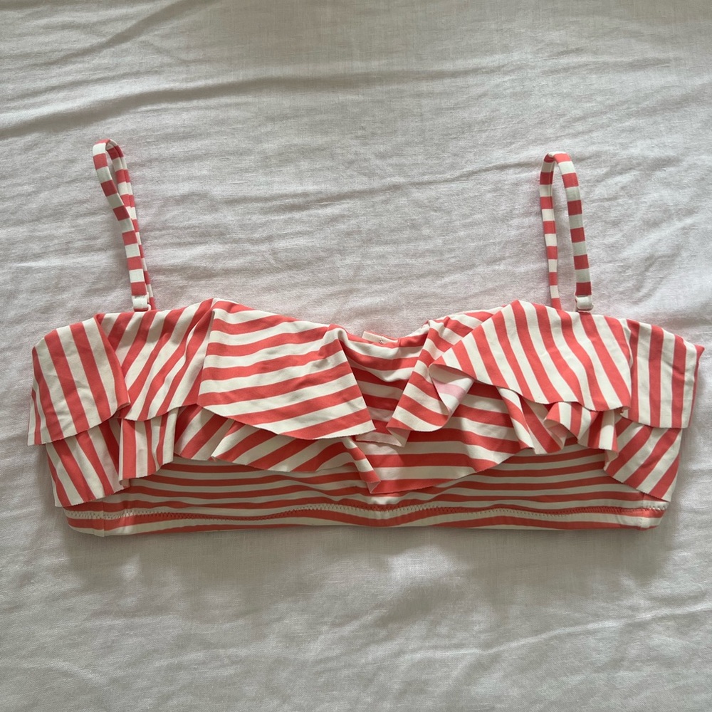 JCrew Ruffle bandeau bikini top in mixed stripe [color: CORAL]